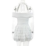 White sexy strapless off shoulder halter tiered short dresses ZYY-25531