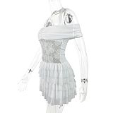 White sexy strapless off shoulder halter tiered short dresses ZYY-25531