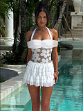 White sexy strapless off shoulder halter tiered short dresses ZYY-25531
