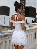 White sexy strapless off shoulder halter tiered short dresses ZYY-25531