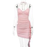 Pink sexy backless halter lace-up wrinkle package hips mini dress ZYY-25323