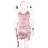 Pink sexy backless halter lace-up wrinkle package hips mini dress ZYY-25323