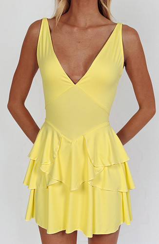 Yellow women sexy deep-V sleeveless backless tiered short dress ZYY-25359