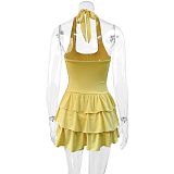 Women solid color halter lace-up tiered short dresses ZYY-25309