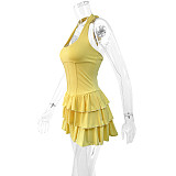 Women solid color halter lace-up tiered short dresses ZYY-25309