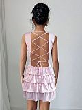 Pink women backless round collar sleeveless slim tiered short dress ZYY-25060