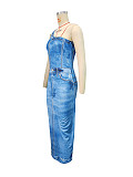 Sexy women one-shoulder denim print bodycon midi dress SH-391125