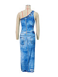 Sexy women one-shoulder denim print bodycon midi dress SH-391125