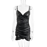 Black women straps V-neck wrinkle package hips nightclub mini dress ZYY-1527P