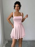 Pink women square collar sleeveless pleated short dress ZYY-25011
