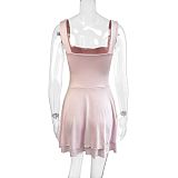 Pink women square collar sleeveless pleated short dress ZYY-25011