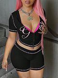 2025 Women Zipper Short Top Black Two Pieces Outfits RS-XX539