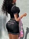 2025 Women Zipper Short Top Black Two Pieces Outfits RS-XX539
