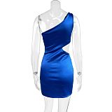 Blue women one-shoulder oblique neck  hollow-out mni club dress ZYY-25093