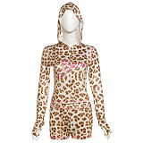 Leopard Print Hooded Zipper Top Slim Shorts Outfits RS-XH045