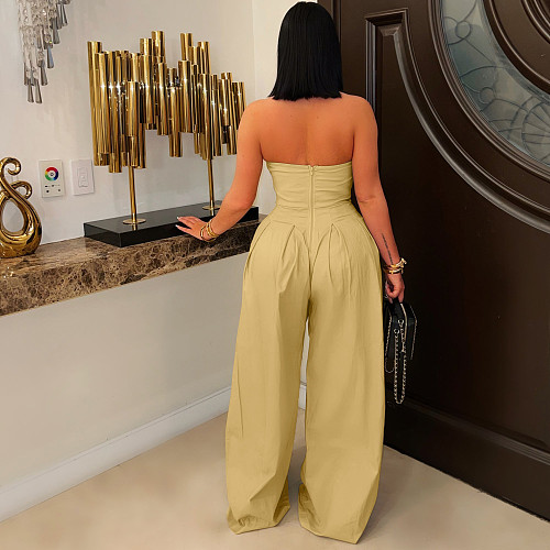 Sexy women strapless buttons solid color wide-leg jumpsuit OSM-4489