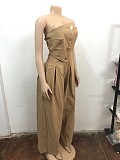 Sexy women strapless buttons solid color wide-leg jumpsuit OSM-4489