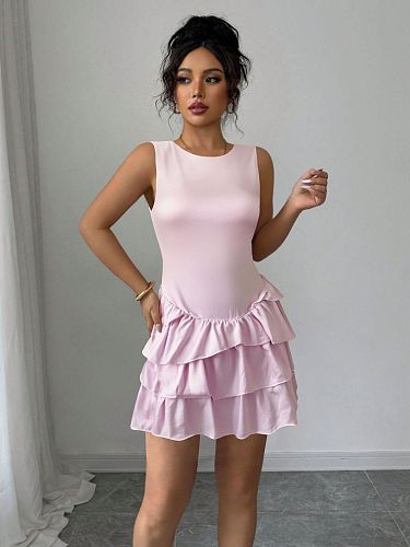 Pink women backless round collar sleeveless slim tiered short dress ZYY-25060