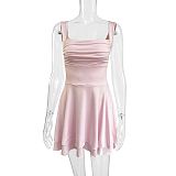 Pink women square collar sleeveless pleated short dress ZYY-25011