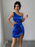 Blue women one-shoulder oblique neck  hollow-out mni club dress ZYY-25093