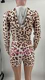Leopard Print Hooded Zipper Top Slim Shorts Outfits RS-XH045