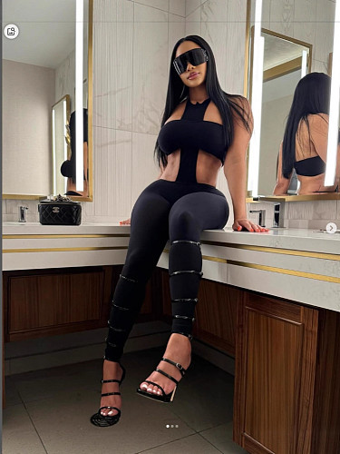 Black sexy halter crop top and slim pants women sets 2 pieces FC-1384