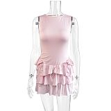 Pink women backless round collar sleeveless slim tiered short dress ZYY-25060