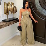 Sexy women strapless buttons solid color wide-leg jumpsuit OSM-4489