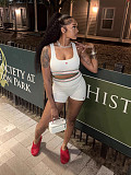 White Casual Women Printed Vest And Hot Shorts 2 Pieces Suits FC-1383