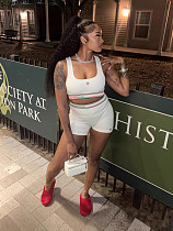 White Casual Women Printed Vest And Hot Shorts 2 Pieces Suits FC-1383