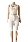 White Lace-up Vest And Tight Shorts Women Two Pieces Suits FC-1303