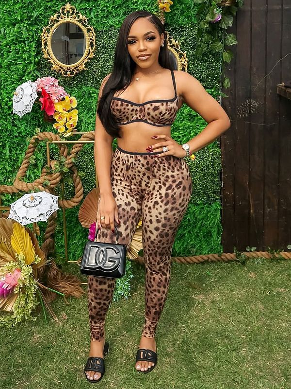 Sexy Leopard Print Women Push-up Crop Bras And Tight Pants 2 Pieces Suits FC-1329