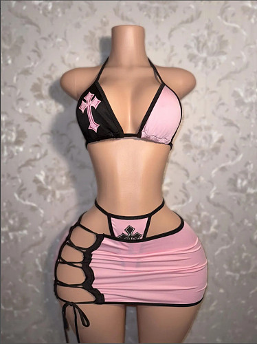 Sexy Push-up Bikinis And Hollow-out Lace-up Mini Skirts 3 Pieces Suits FC-1362
