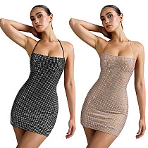 Super Sexy Halter Backless Hot Drilling Slim Package Hips Mini Nightclub Dress BY-7481