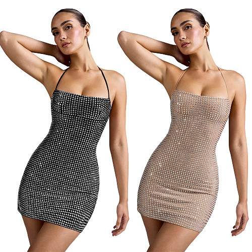 Super Sexy Halter Backless Hot Drilling Slim Package Hips Mini Nightclub Dress BY-7481
