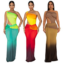 Sexy Oblique Shoulder Gradient Color Hollow-out Floor-length Dress BY-7473