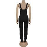 Women Solid Color Sexy Straps Eyelet Buttons Tight Long Jumpsuit BY-7490