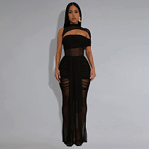 Sexy Transparent Black Mesh Women Tight Dresses 2 Pieces Sets BY-7492