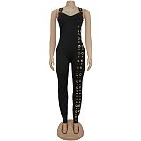 Women Solid Color Sexy Straps Eyelet Buttons Tight Long Jumpsuit BY-7490