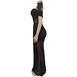 Sexy Transparent Black Mesh Women Tight Dresses 2 Pieces Sets BY-7492