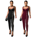 Women Solid Color Sexy Straps Eyelet Buttons Tight Long Jumpsuit BY-7490