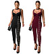 Women Solid Color Sexy Straps Eyelet Buttons Tight Long Jumpsuit BY-7490