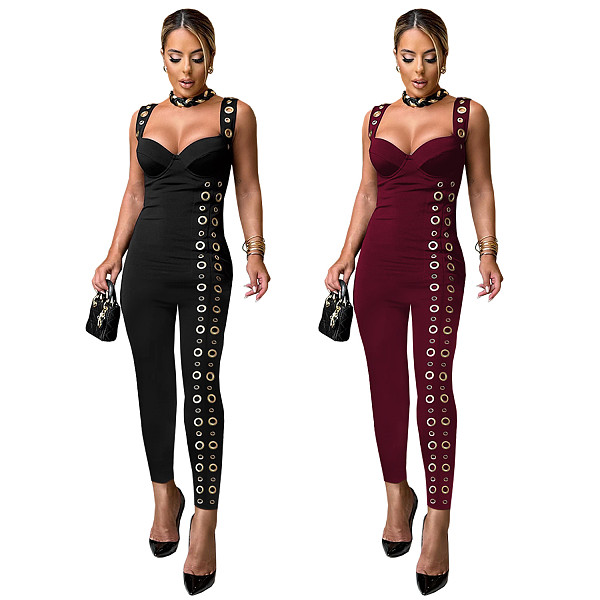 Women Solid Color Sexy Straps Eyelet Buttons Tight Long Jumpsuit BY-7490