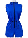 Women'S Zippered Sleeveless Drawstring Pocket Hooded Jumpsuit CH-25027
