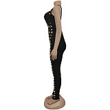 Women Solid Color Sexy Straps Eyelet Buttons Tight Long Jumpsuit BY-7490