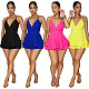 Hot Sexy Backless Straps V-neck Solid Color Tiered Short Dress BY-7472