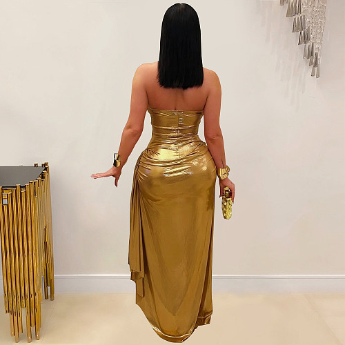 Sexy Halter Backless Women Wrinkle Package Hips Long Nightclub Dresses BY-7491