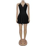 Hot Sexy Backless Straps V-neck Solid Color Tiered Short Dress BY-7472