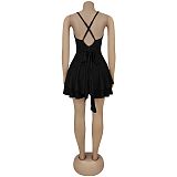 Hot Sexy Backless Straps V-neck Solid Color Tiered Short Dress BY-7472