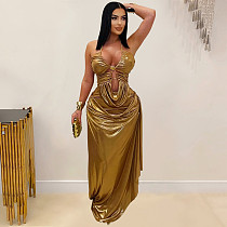 Sexy Halter Backless Women Wrinkle Package Hips Long Nightclub Dresses BY-7491